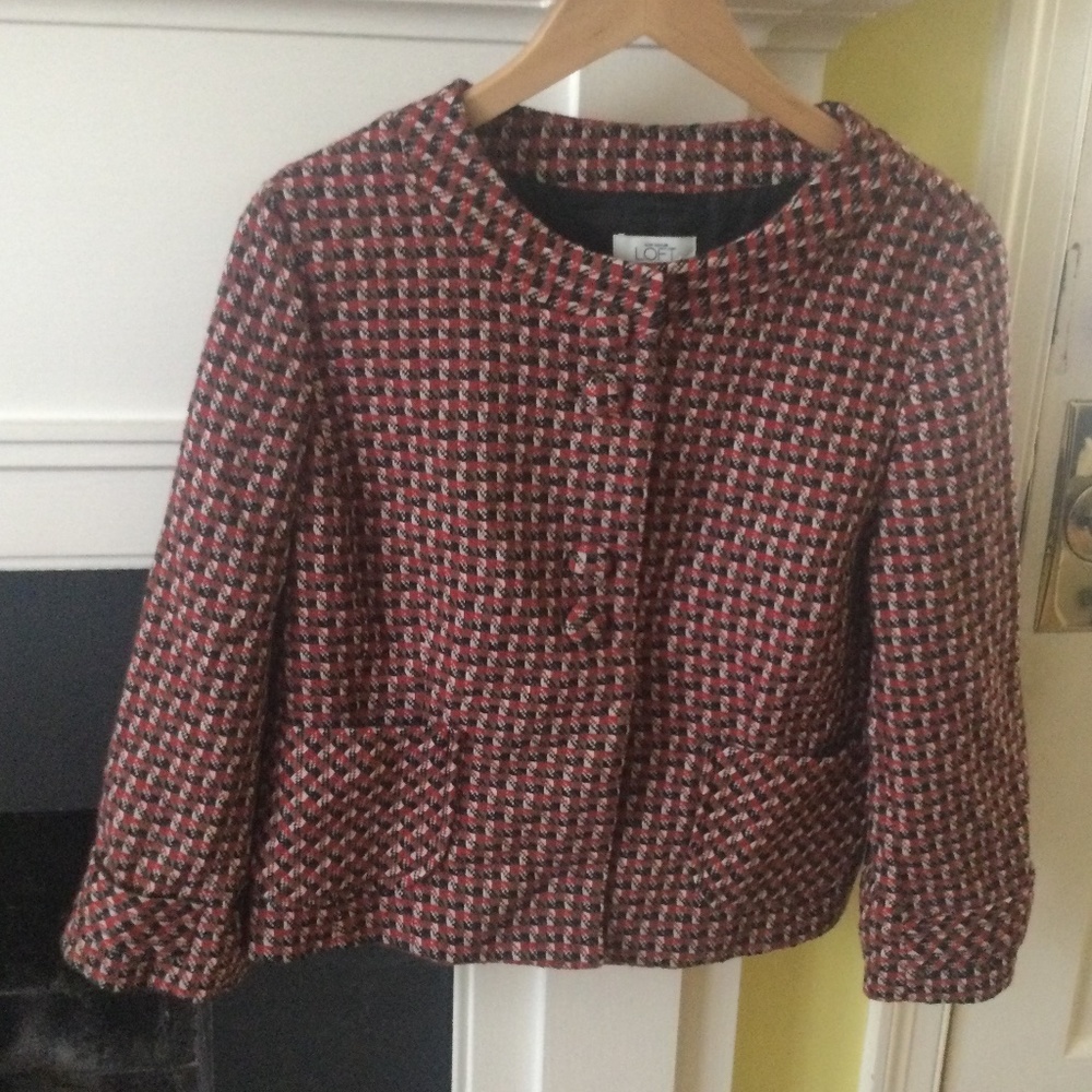 Ann Taylor LOFT Wool Blend Swing Coat Jacket Red, Black Checked Plaid - Sz 14